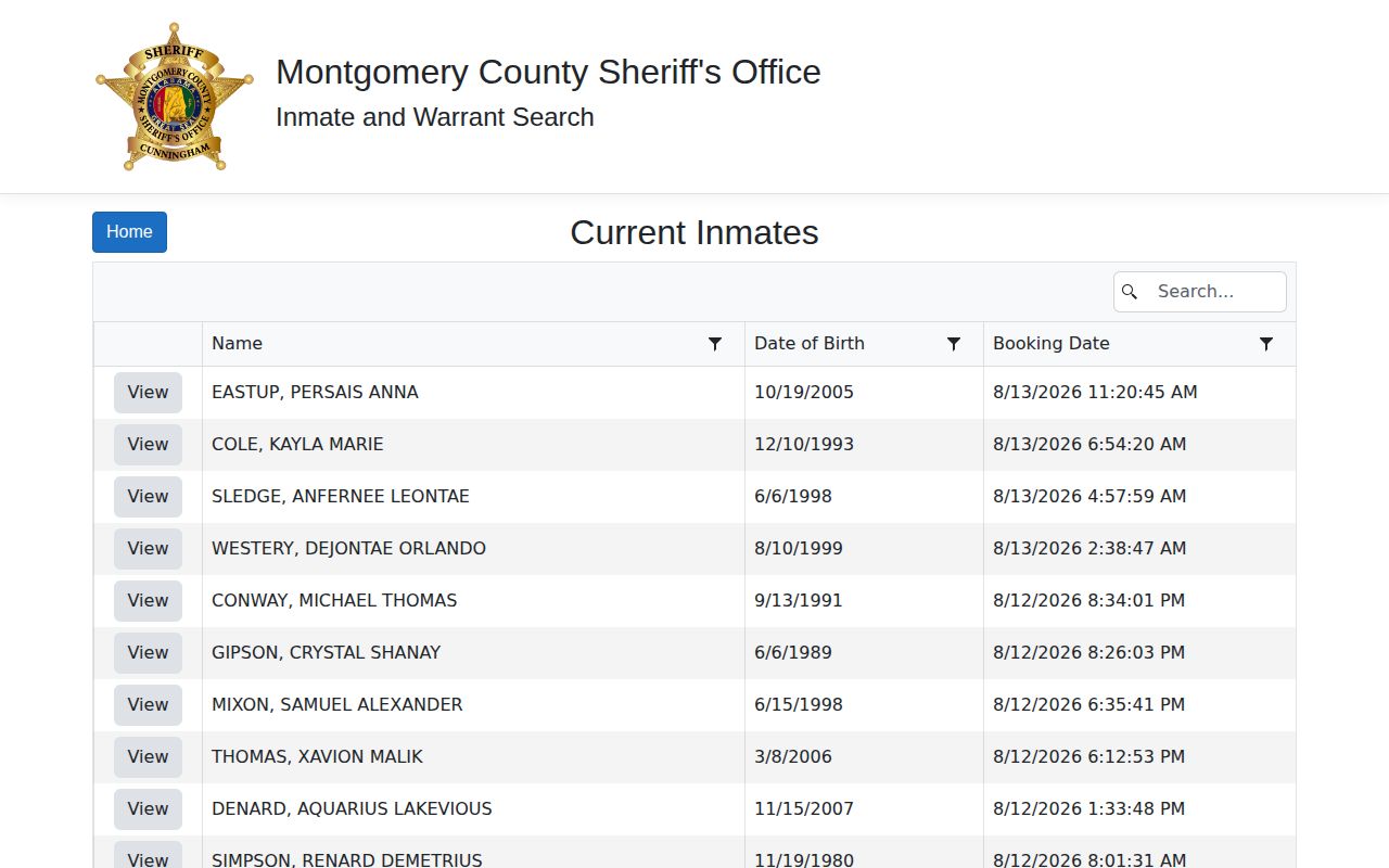 Montgomery County current custody roster and booking record search