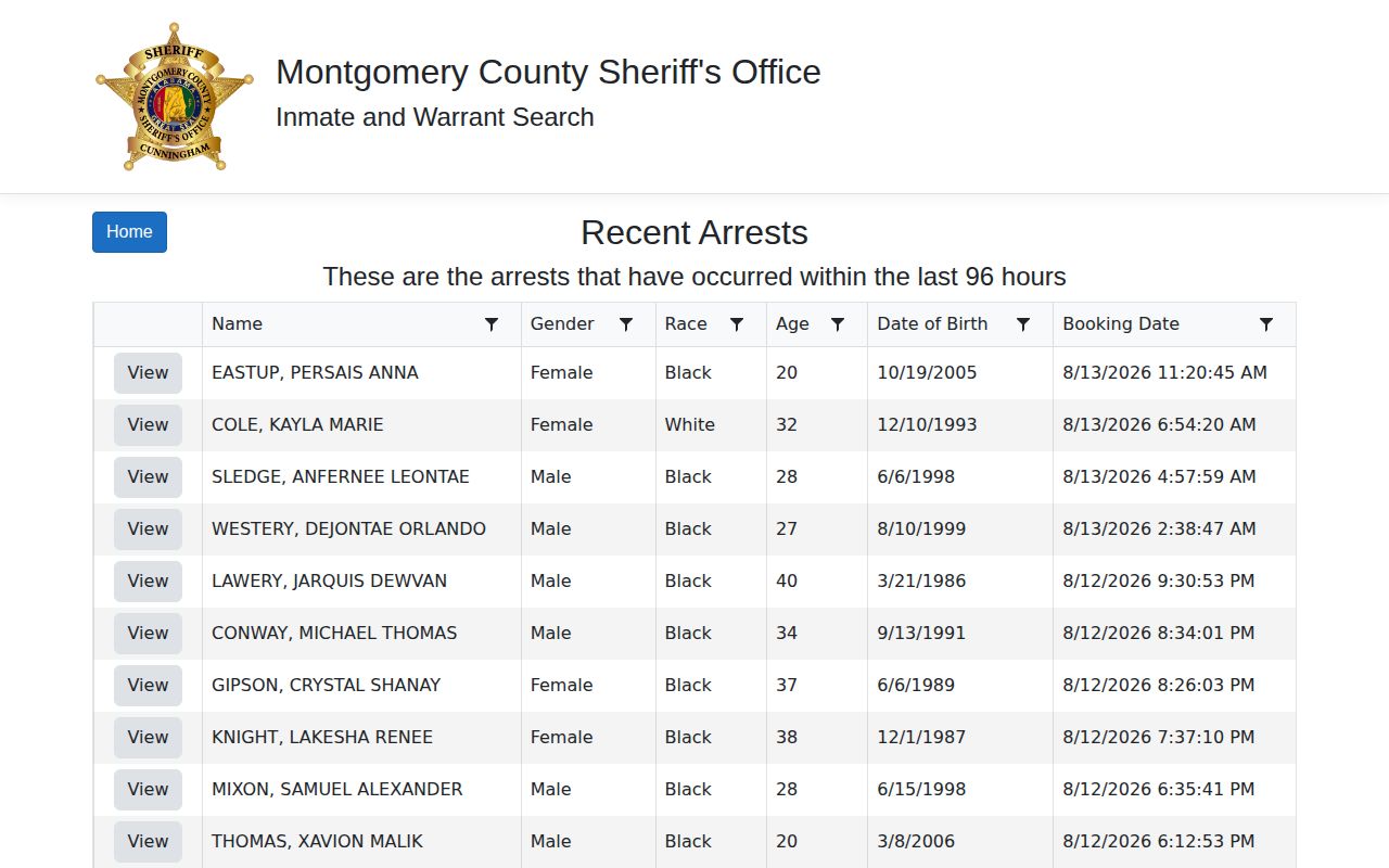 Montgomery County recent arrest and 96-hour booking feed